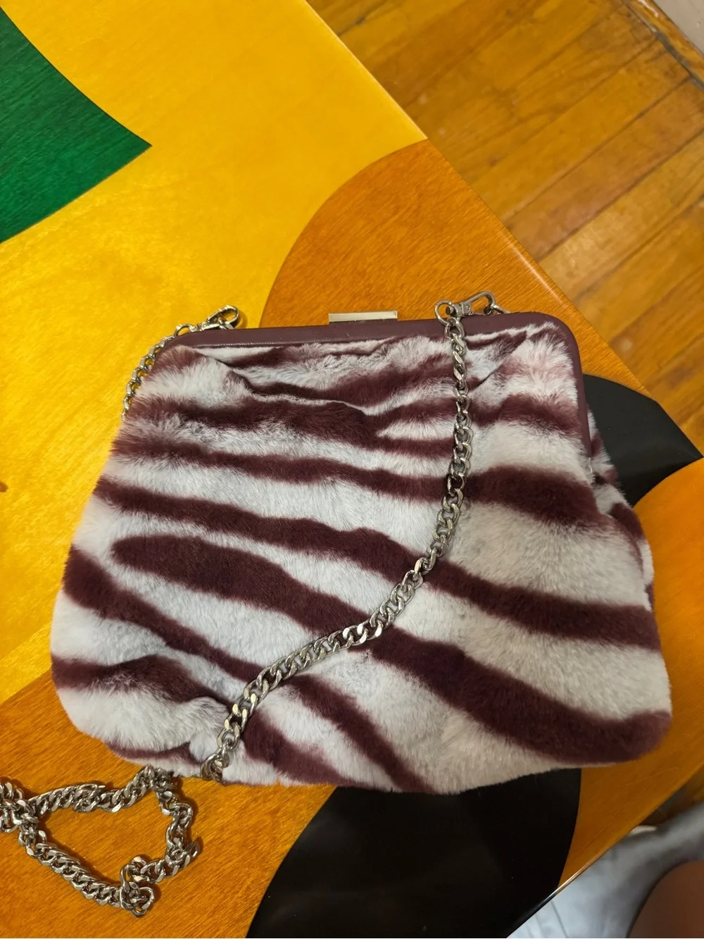Zara Faux Fur Zebra-Stripe Shoulder Clutch - Plum/White